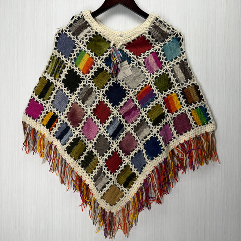 Women's Knitted Granny Square Boho Wool Poncho with Fringes - Adult Small -  104