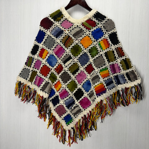 Women's Knitted Granny Square Boho Wool Poncho with Fringes - Adult Small -  105