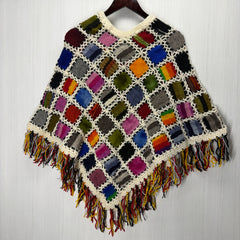 Women's Knitted Granny Square Boho Wool Poncho with Fringes - Adult Small -  105