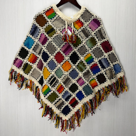 Women's Knitted Granny Square Boho Wool Poncho with Fringes - Adult Small -  105