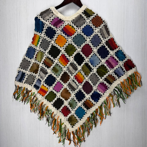 Women's Knitted Granny Square Boho Wool Poncho with Fringes - Adult Small -  106