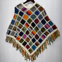 Women's Knitted Granny Square Boho Wool Poncho with Fringes - Adult Small -  106