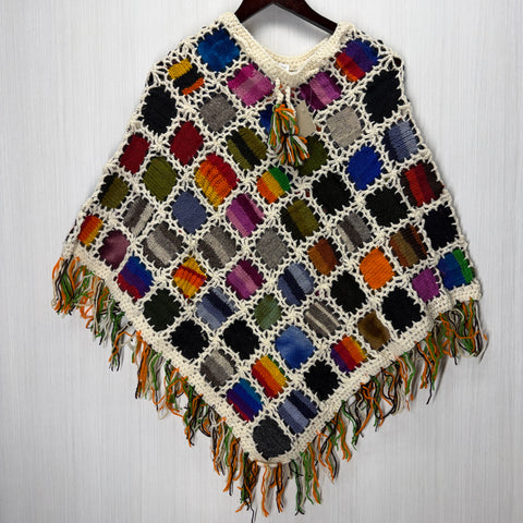 Women's Knitted Granny Square Boho Wool Poncho with Fringes - Adult Small -  106