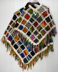 Kids Girls Small/Medium - Knitted Granny Square Boho Wool Poncho with Fringes - 104