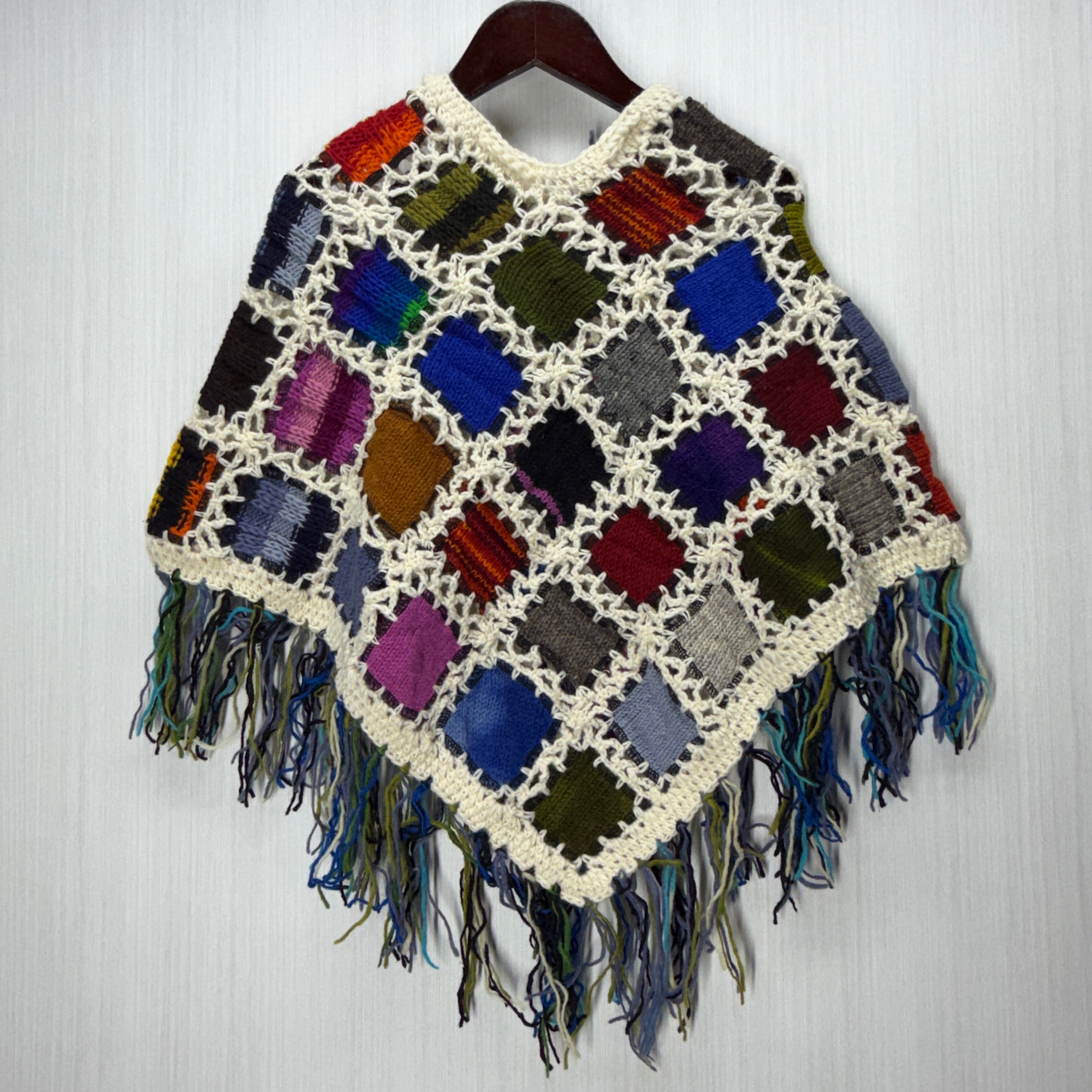 Kids Girls Small/Medium - Knitted Granny Square Boho Wool Poncho with Fringes - 101