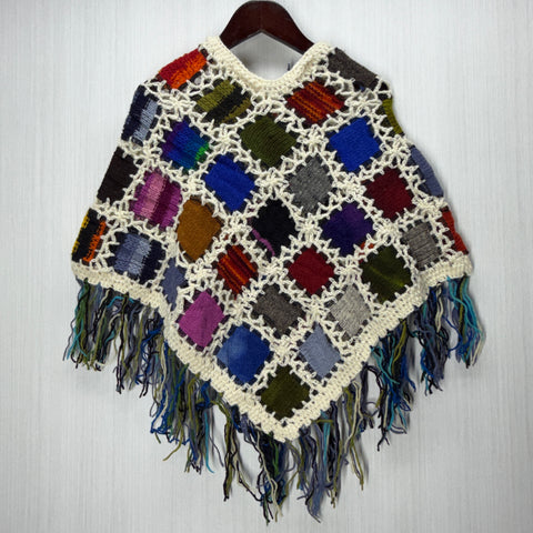Kids Girls Small/Medium - Knitted Granny Square Boho Wool Poncho with Fringes - 101