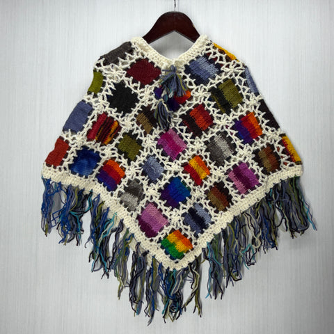 Kids Girls Small/Medium - Knitted Granny Square Boho Wool Poncho with Fringes - 101