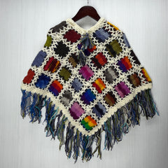 Kids Girls Small/Medium - Knitted Granny Square Boho Wool Poncho with Fringes - 101