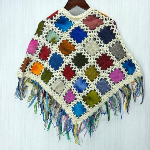 Kids Girls Small/Medium - Knitted Granny Square Boho Wool Poncho with Fringes - 102