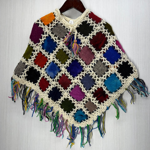 Kids Girls Small/Medium - Knitted Granny Square Boho Wool Poncho with Fringes - 102