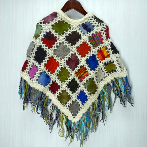 Kids Girls Small/Medium - Knitted Granny Square Boho Wool Poncho with Fringes - 103