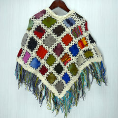 Kids Girls Small/Medium - Knitted Granny Square Boho Wool Poncho with Fringes - 103