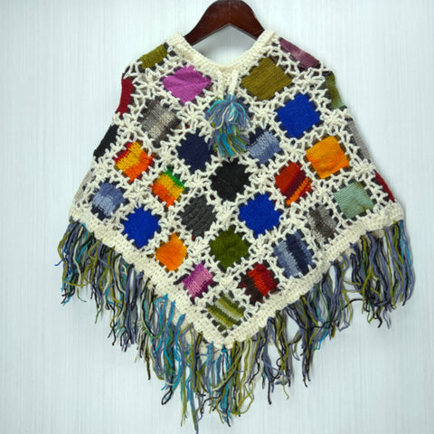 Kids Girls Small/Medium - Knitted Granny Square Boho Wool Poncho with Fringes - 103