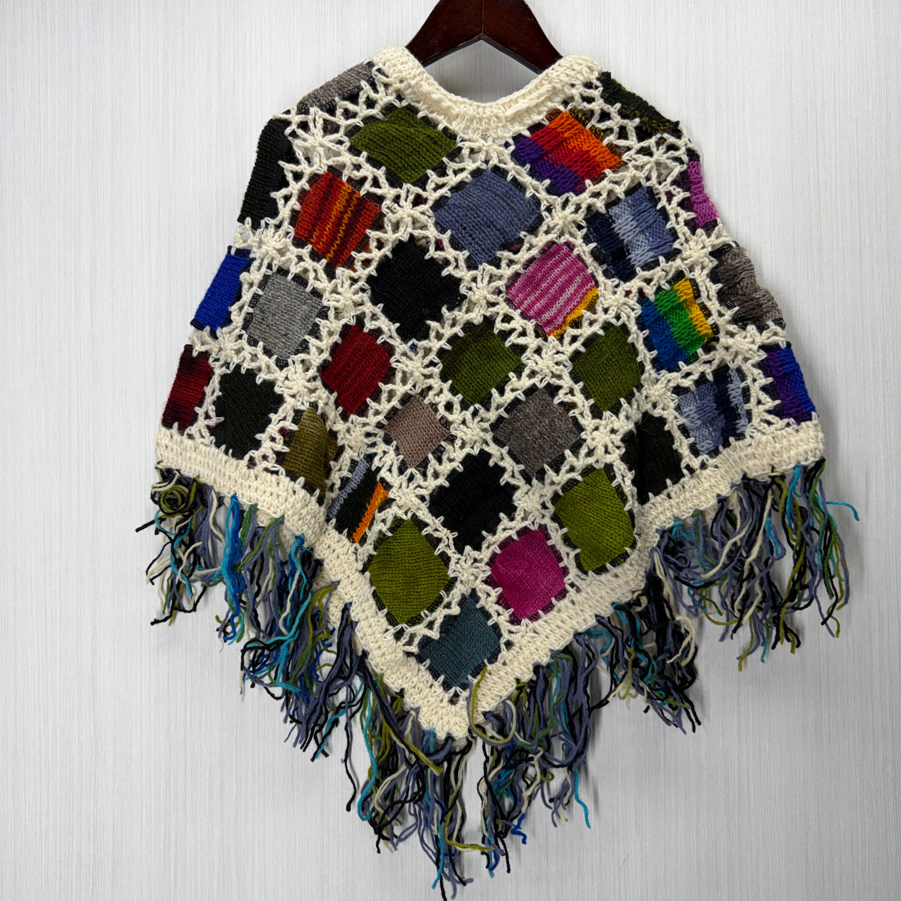 Kids Girls Small/Medium - Knitted Granny Square Boho Wool Poncho with Fringes - 104