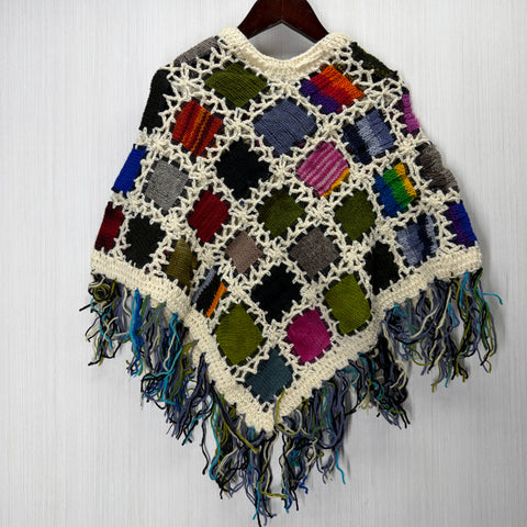 Kids Girls Small/Medium - Knitted Granny Square Boho Wool Poncho with Fringes - 104