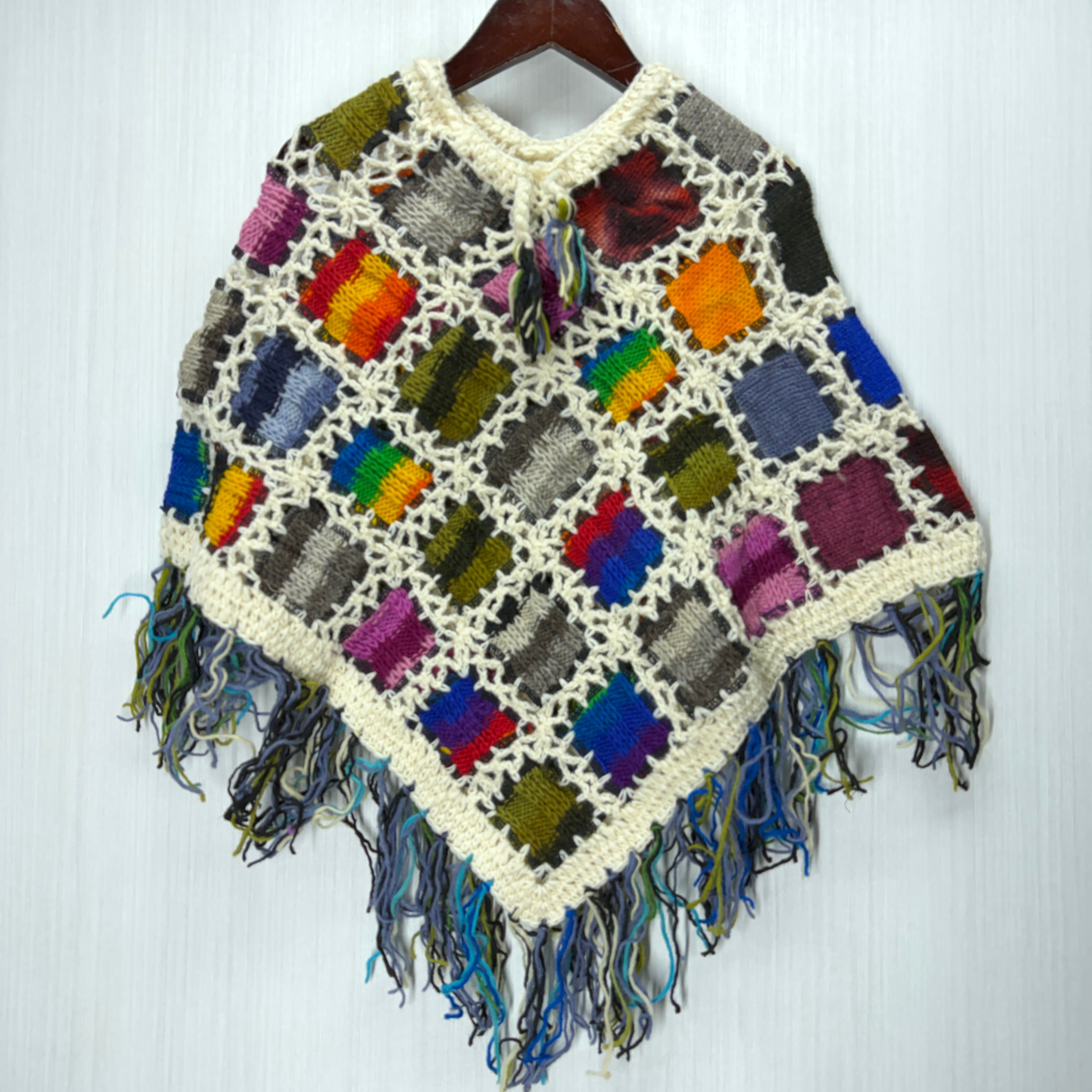 Kids Girls Small/Medium - Knitted Granny Square Boho Wool Poncho with Fringes - 104