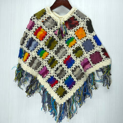 Kids Girls Small/Medium - Knitted Granny Square Boho Wool Poncho with Fringes - 104