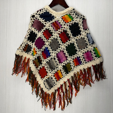 Kids Girls Small/Medium - Knitted Granny Square Boho Wool Poncho with Fringes - 105