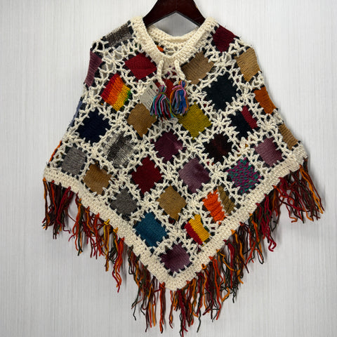 Kids Girls Small/Medium - Knitted Granny Square Boho Wool Poncho with Fringes - 105
