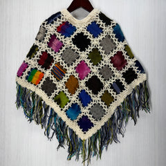 Kids Girls Small/Medium - Knitted Granny Square Boho Wool Poncho with Fringes - 106