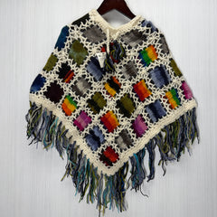 Kids Girls Small/Medium - Knitted Granny Square Boho Wool Poncho with Fringes - 106