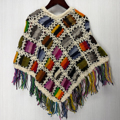 Kids Girls Small/Medium - Knitted Granny Square Boho Wool Poncho with Fringes - 107