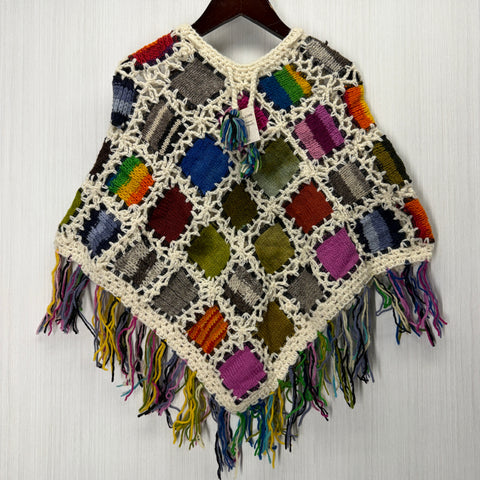 Kids Girls Small/Medium - Knitted Granny Square Boho Wool Poncho with Fringes - 107