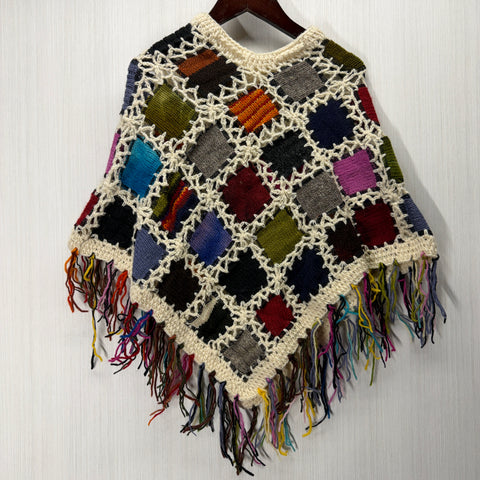 Kids Girls Small/Medium - Knitted Granny Square Boho Wool Poncho with Fringes - 108