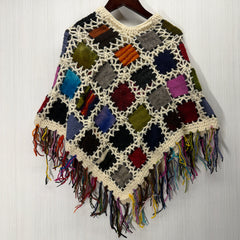 Kids Girls Small/Medium - Knitted Granny Square Boho Wool Poncho with Fringes - 108