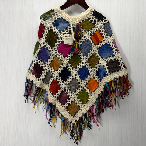 Kids Girls Small/Medium - Knitted Granny Square Boho Wool Poncho with Fringes - 108