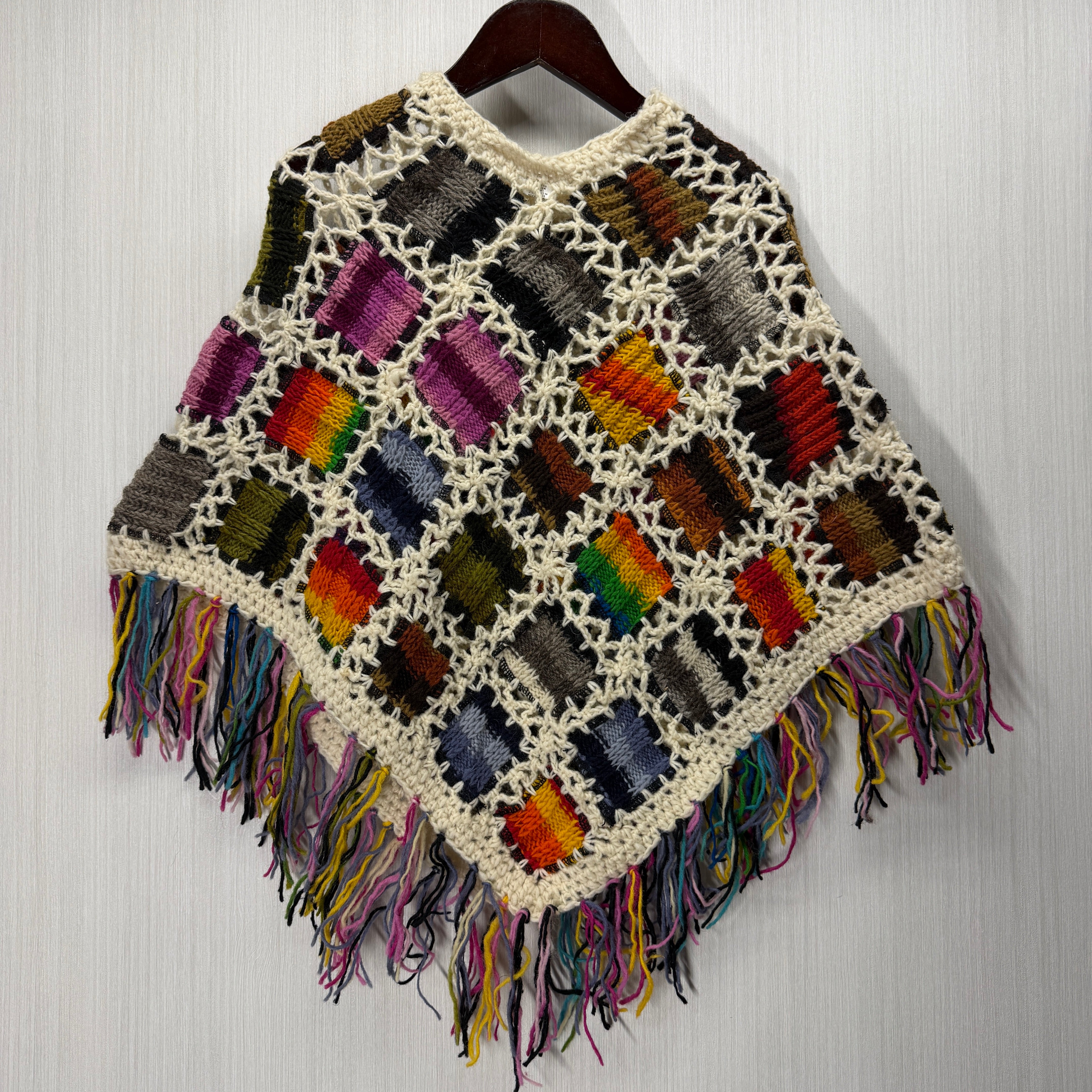 Kids Girls Small/Medium - Knitted Granny Square Boho Wool Poncho with Fringes - 109