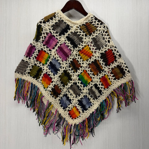 Kids Girls Small/Medium - Knitted Granny Square Boho Wool Poncho with Fringes - 109