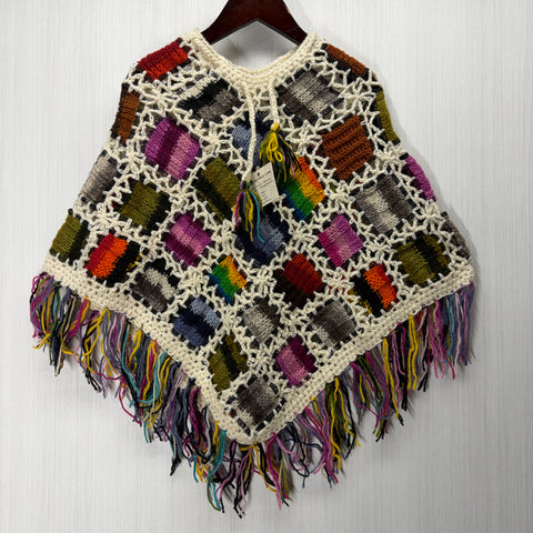 Kids Girls Small/Medium - Knitted Granny Square Boho Wool Poncho with Fringes - 109