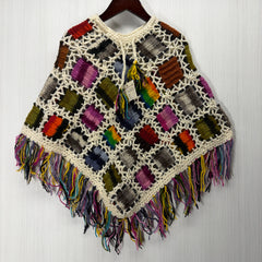 Kids Girls Small/Medium - Knitted Granny Square Boho Wool Poncho with Fringes - 109