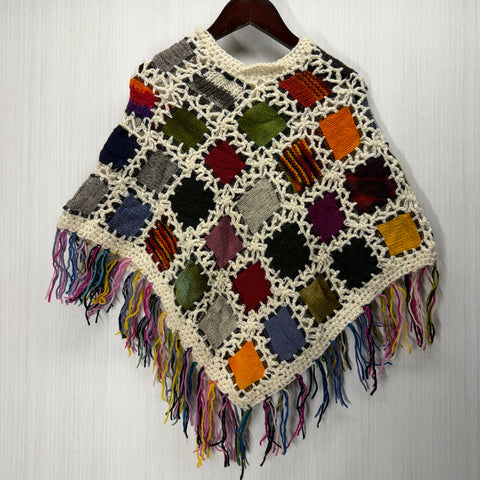Kids Girls Small/Medium - Knitted Granny Square Boho Wool Poncho with Fringes - 110