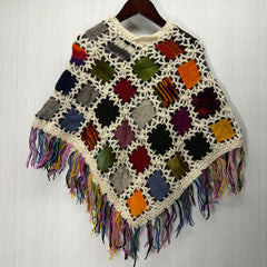 Kids Girls Small/Medium - Knitted Granny Square Boho Wool Poncho with Fringes - 110