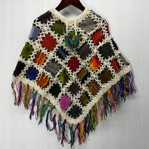 Kids Girls Small/Medium - Knitted Granny Square Boho Wool Poncho with Fringes - 110