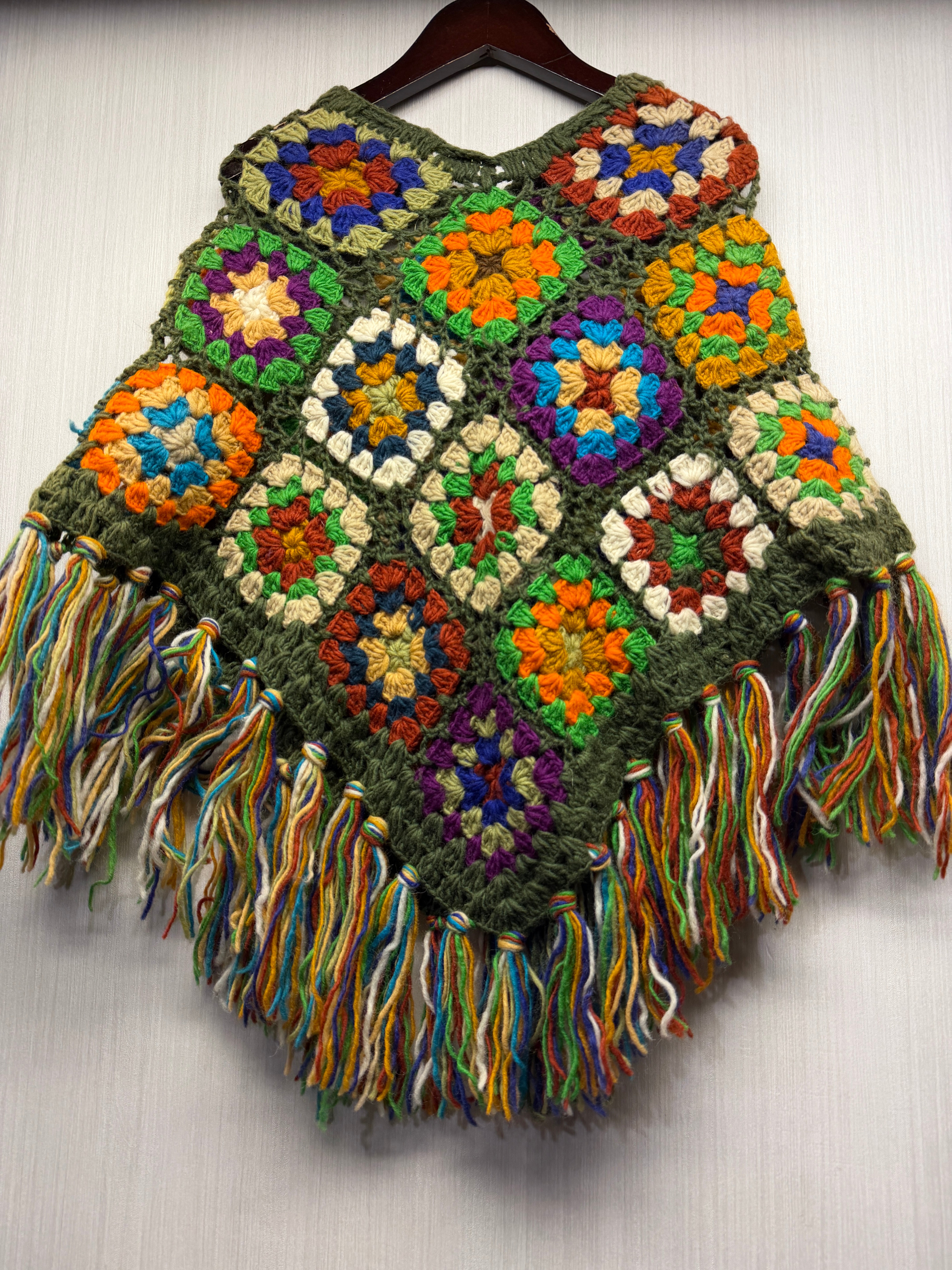 Kids Girls Small/Medium - Crochet Granny Square Boho Wool Poncho with Fringes - 103
