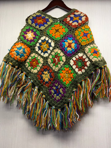 Kids Girls Small/Medium - Crochet Granny Square Boho Wool Poncho with Fringes - 103