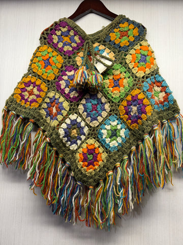 Kids Girls Small/Medium - Crochet Granny Square Boho Wool Poncho with Fringes - 103