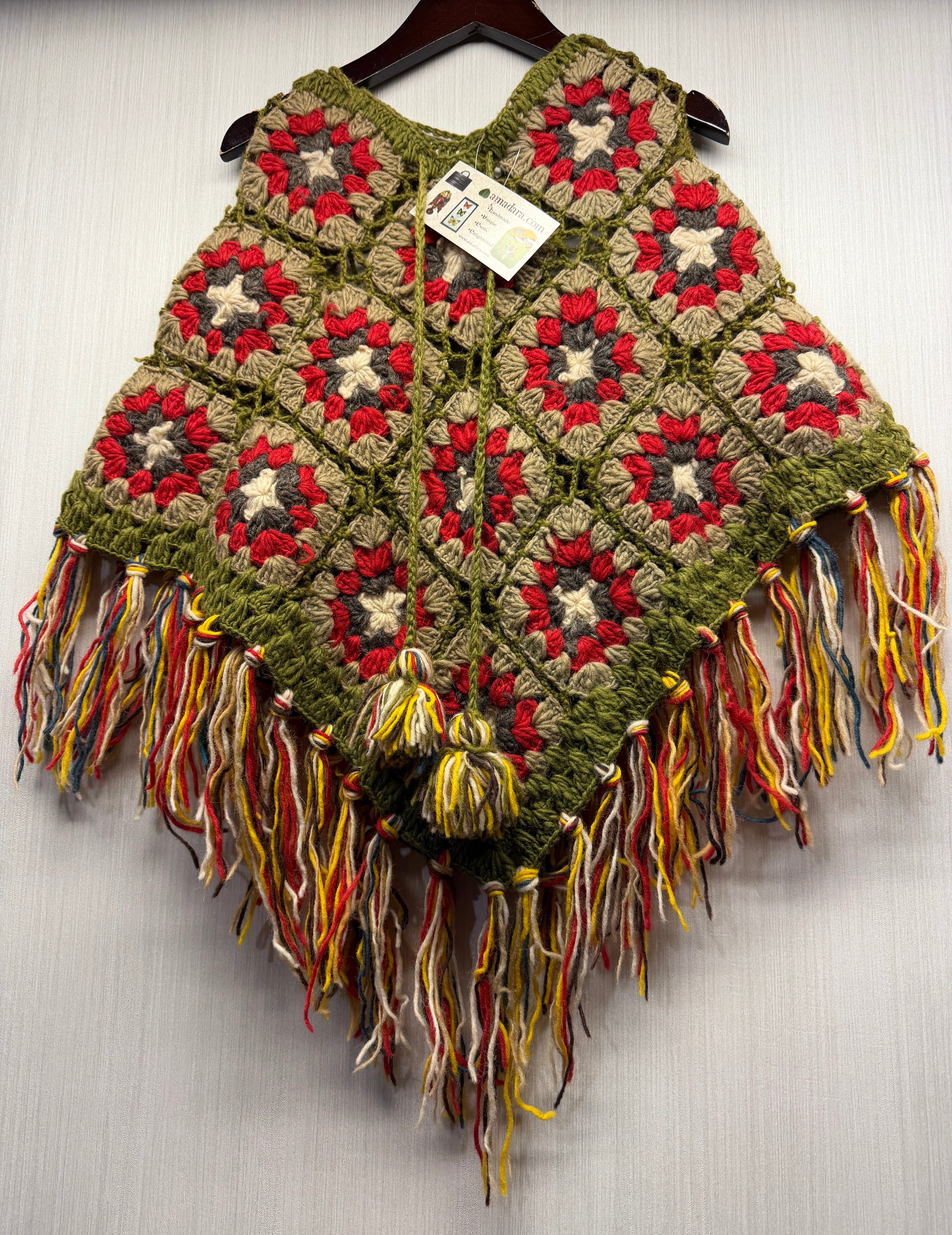 Kids Girls Small/Medium - Crochet Granny Square Boho Wool Poncho with Fringes - 101