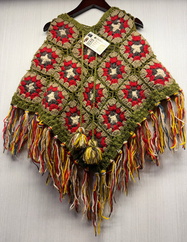 Kids Girls Small/Medium - Crochet Granny Square Boho Wool Poncho with Fringes - 101