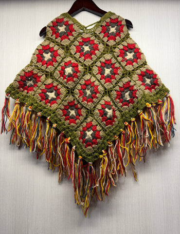 Kids Girls Small/Medium - Crochet Granny Square Boho Wool Poncho with Fringes - 101