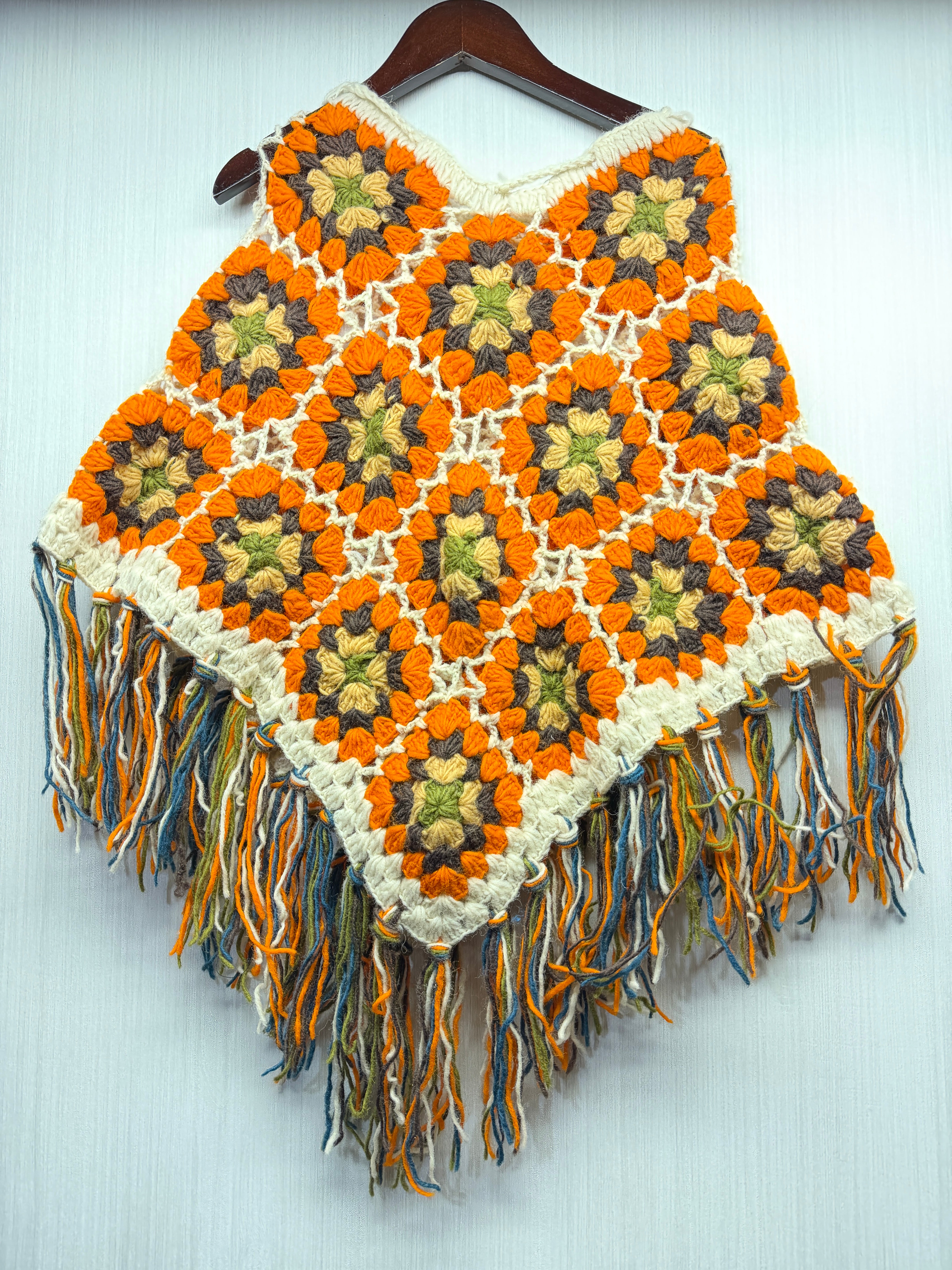 Kids Girls Small/Medium - Crochet Granny Square Boho Wool Poncho with Fringes - 102