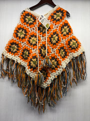 Kids Girls Small/Medium - Crochet Granny Square Boho Wool Poncho with Fringes - 102