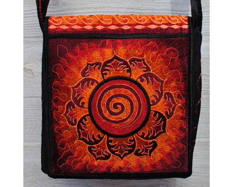 Boho Passport Crossbody Embroidery Bag - Red Orange / Swirl Flower Sun Rays
