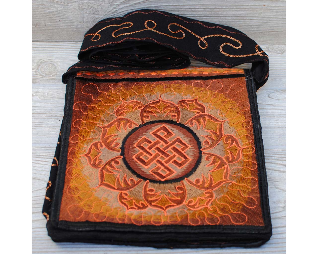 Boho Passport Crossbody Embroidery Bag - Orange Brown/Endless Knot Symbol Flower Sun Rays