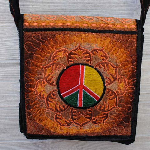 Boho Passport Crossbody Embroidery Bag - Brown Yellow / Peace / Lotus Flower / Sun Rays
