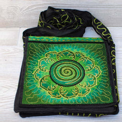 Boho Passport Crossbody Embroidery Bag - Green Yellow / Swirl / Lotus Flower / Sun Rays