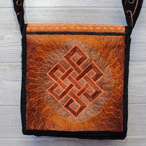 Boho Passport Crossbody Embroidery Bag - Brown Yellow / Endless Knot / Sun Rays